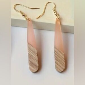 Wood blush pink resin two tone teardrop dangle earrings boho spring summer fall